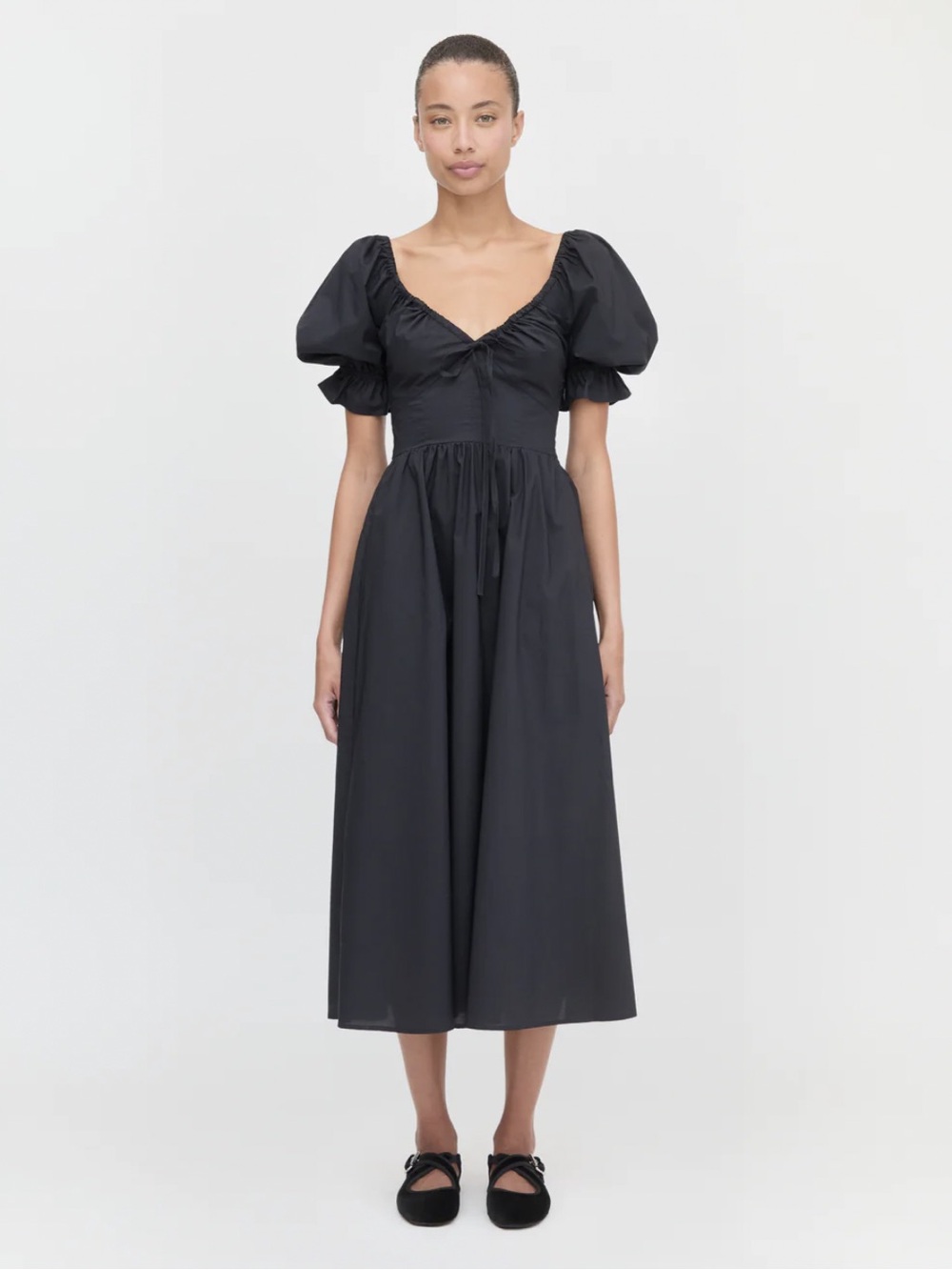 Hill House Black Puff-Sleeve Midi Dress with Gathered Waist
